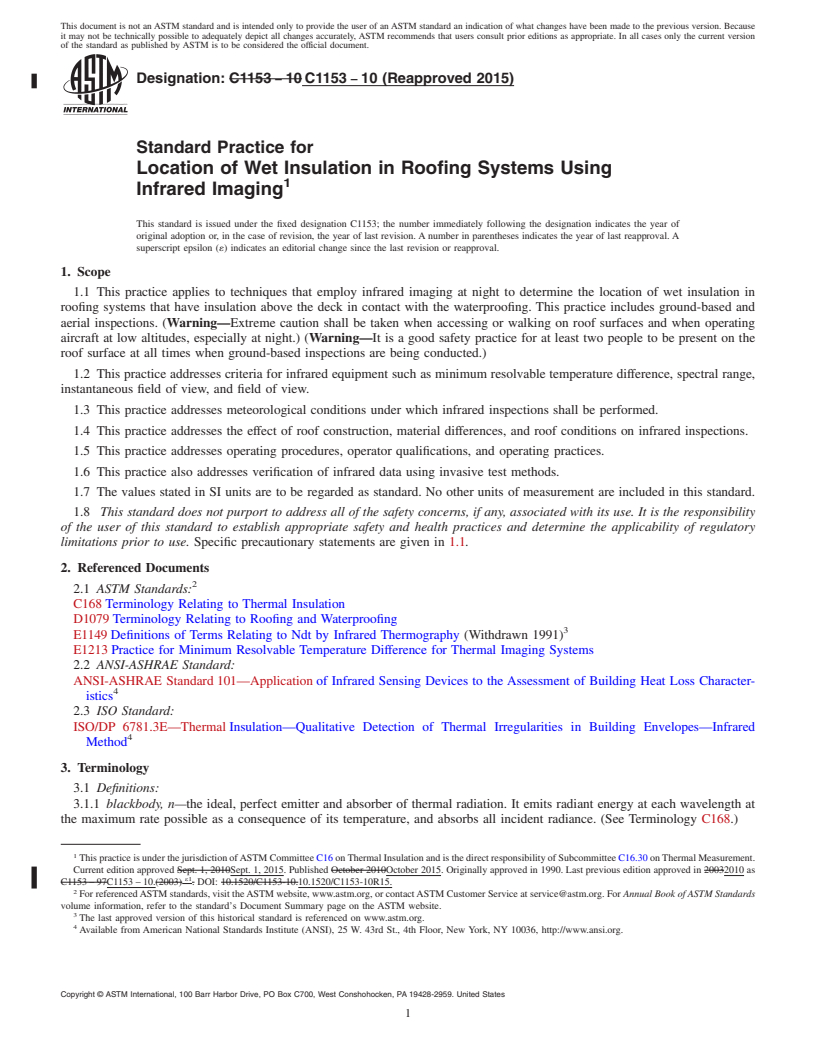 REDLINE ASTM C1153-10(2015) - Standard Practice for Location of Wet Insulation in Roofing Systems Using Infrared  Imaging