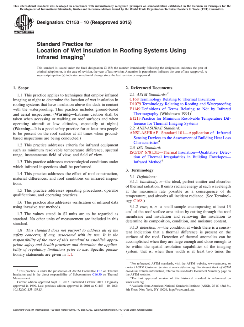 ASTM C1153-10(2015) - Standard Practice for Location of Wet Insulation in Roofing Systems Using Infrared  Imaging