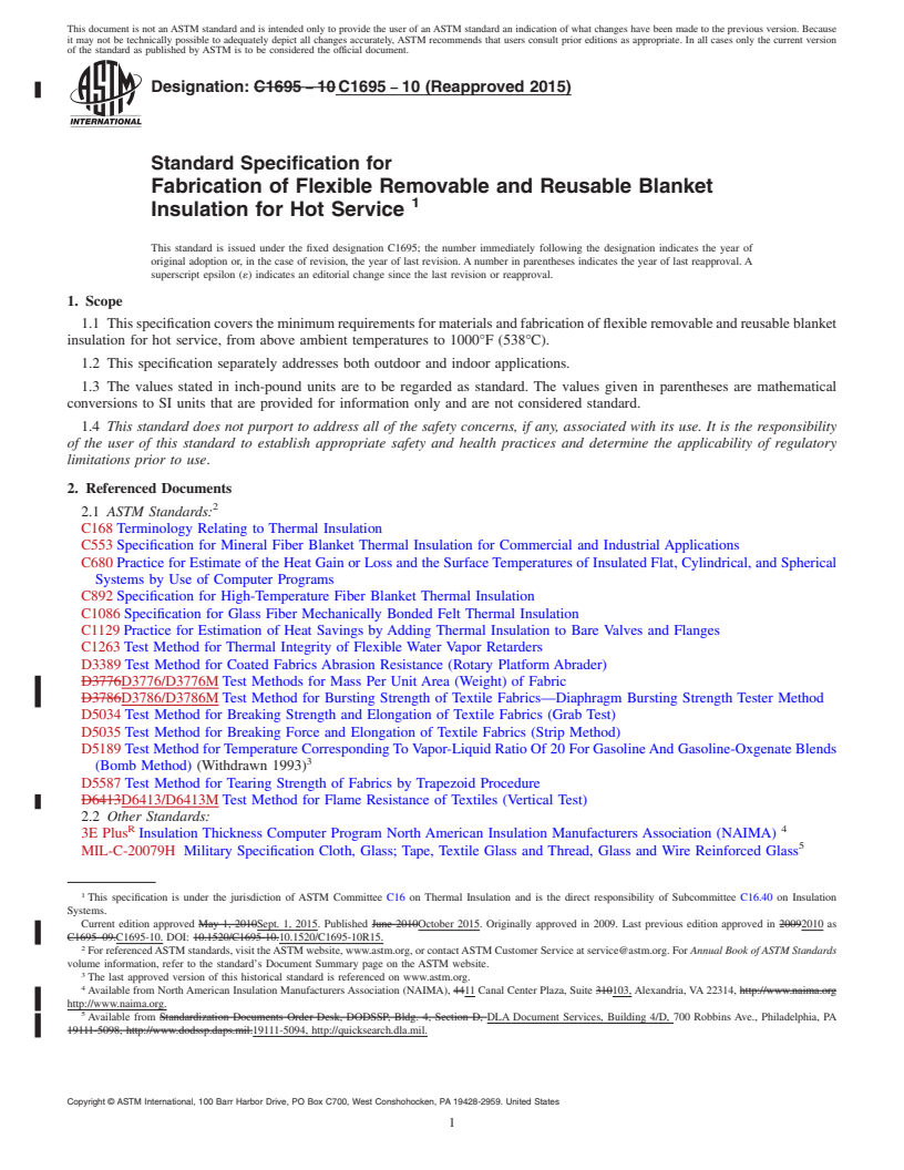 REDLINE ASTM C1695-10(2015) - Standard Specification for Fabrication of Flexible Removable and Reusable Blanket Insulation  for Hot Service