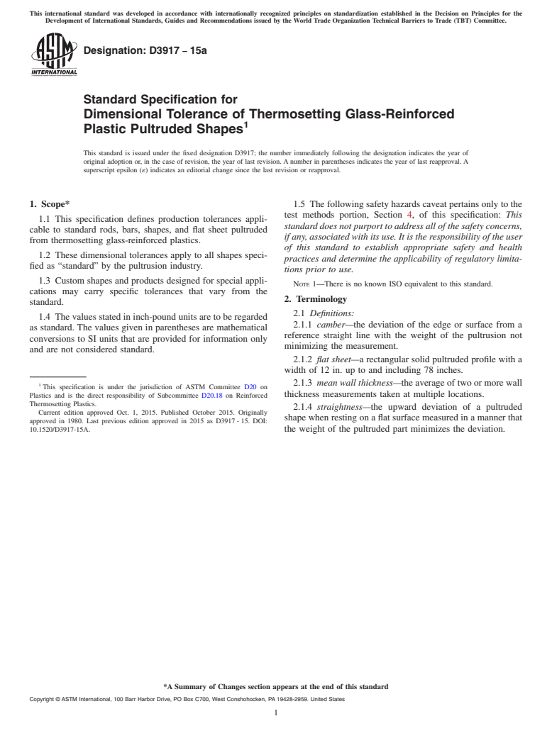 ASTM D3917-15a - Standard Specification for  Dimensional Tolerance of Thermosetting Glass-Reinforced Plastic  Pultruded Shapes