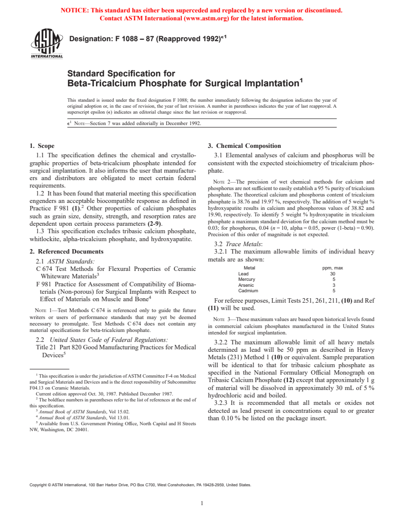 ASTM F1088-87(1992)e1 - Standard Specification for Beta-Tricalcium Phosphate for Surgical Implantation