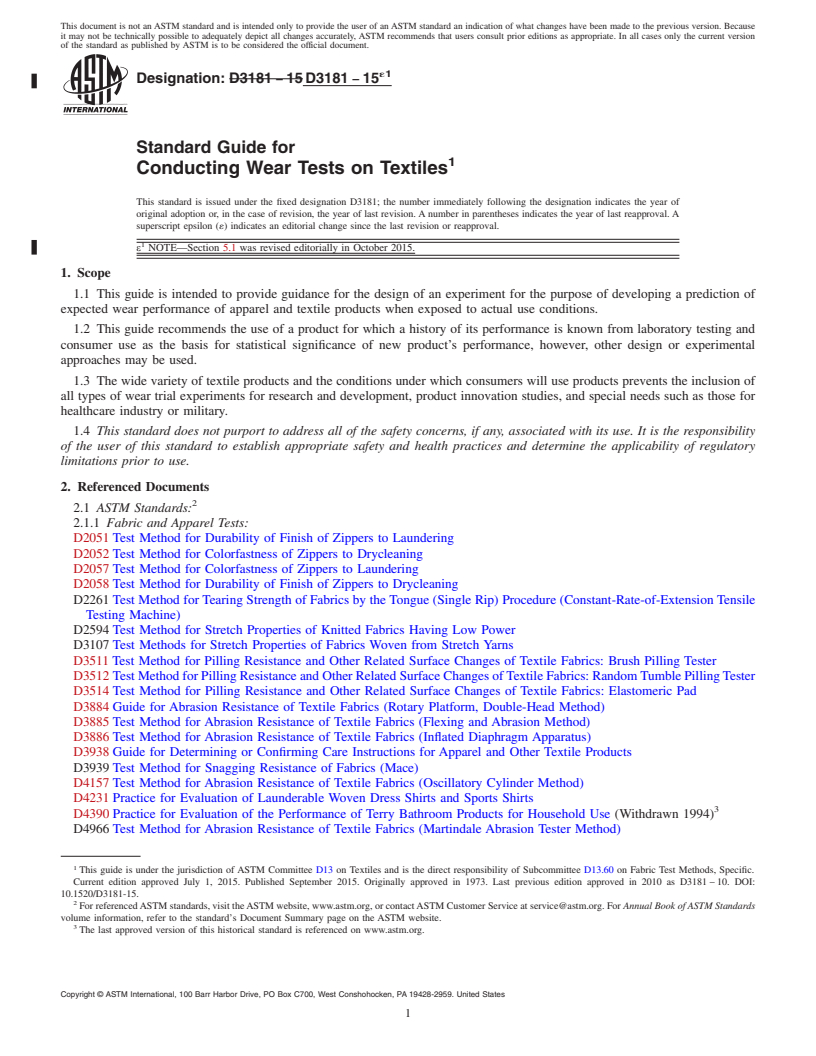 REDLINE ASTM D3181-15e1 - Standard Guide for  Conducting Wear Tests on Textiles