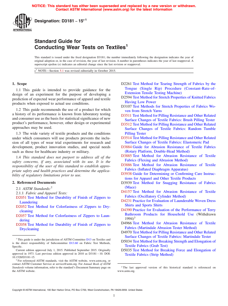 ASTM D3181-15e1 - Standard Guide for  Conducting Wear Tests on Textiles