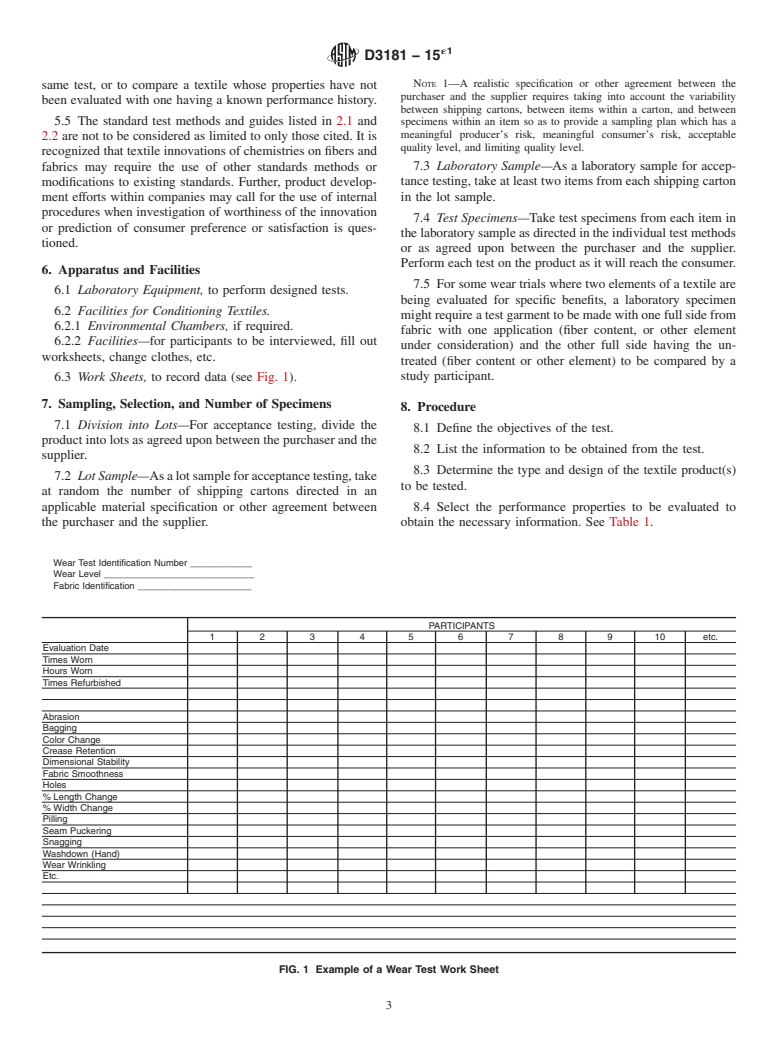 ASTM D3181-15e1 - Standard Guide for  Conducting Wear Tests on Textiles