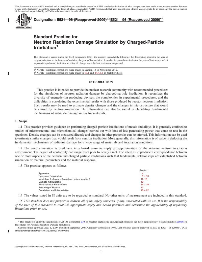 REDLINE ASTM E521-96(2009)e2 - Standard Practice for  Neutron Radiation Damage Simulation by Charged-Particle Irradiation