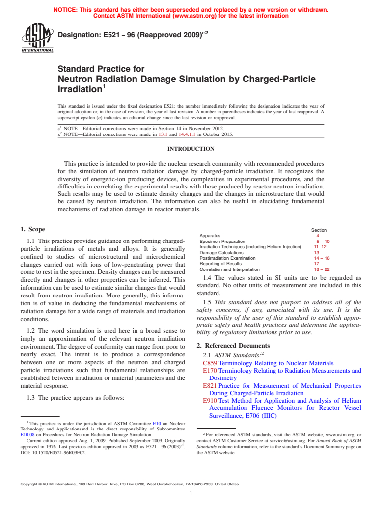 ASTM E521-96(2009)e2 - Standard Practice for  Neutron Radiation Damage Simulation by Charged-Particle Irradiation