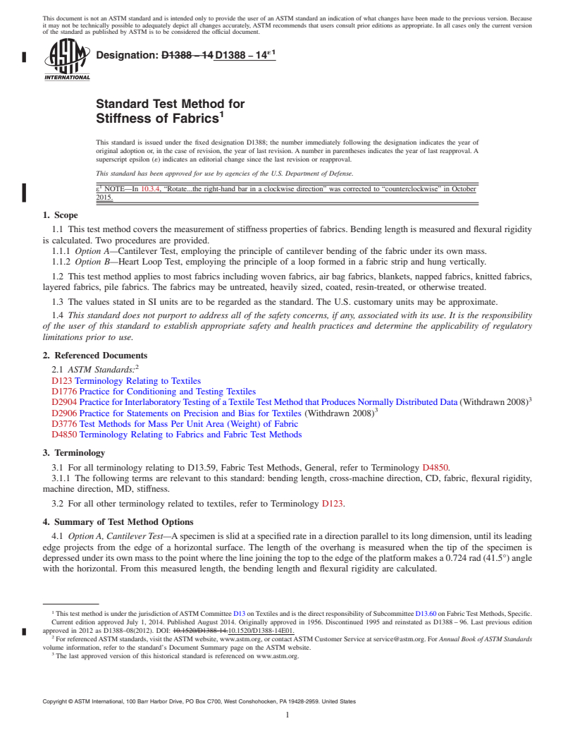 REDLINE ASTM D1388-14e1 - Standard Test Method for  Stiffness of Fabrics