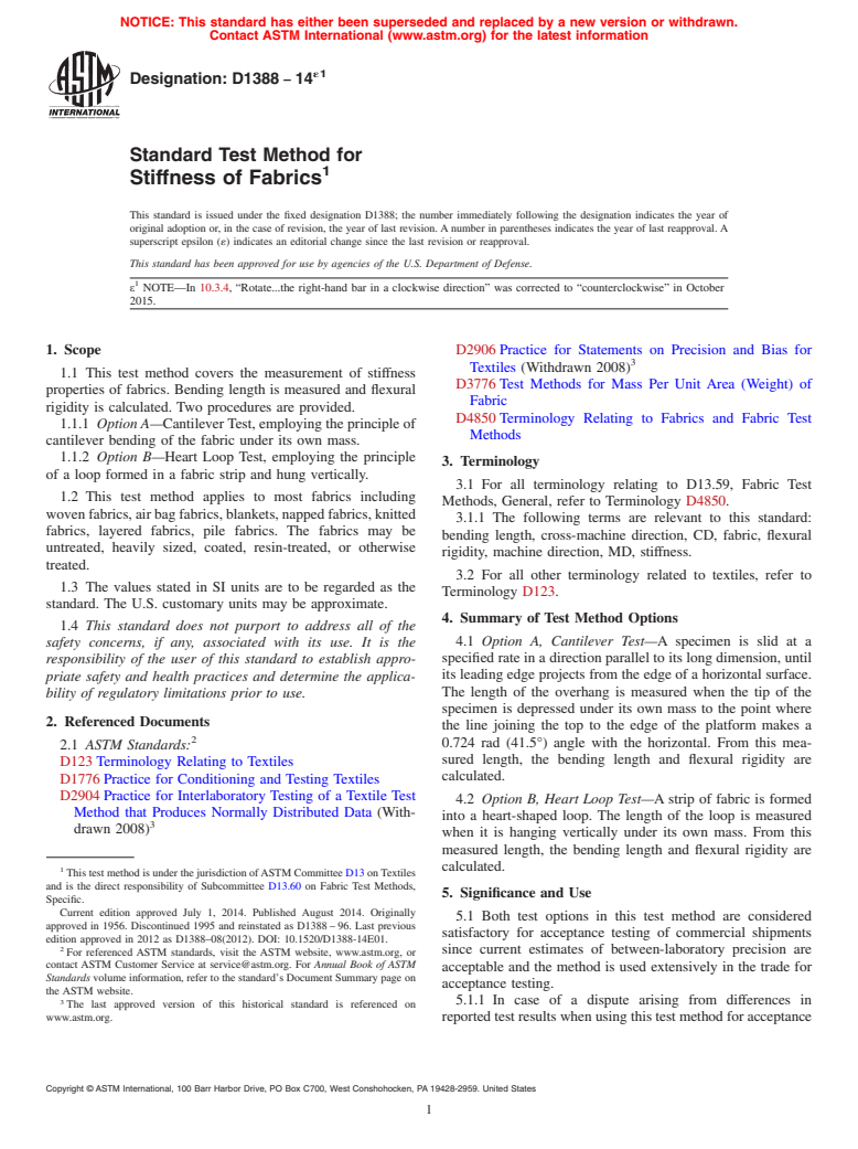 ASTM D1388-14e1 - Standard Test Method for  Stiffness of Fabrics