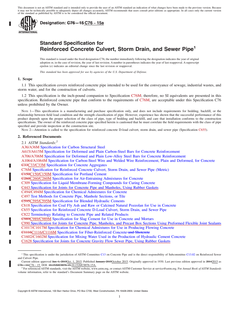 REDLINE ASTM C76-15a - Standard Specification for Reinforced Concrete Culvert, Storm Drain, and Sewer Pipe