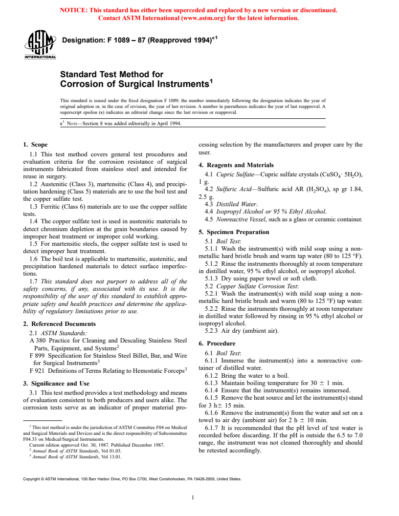 ASTM F1089-87(1994)e1 - Standard Test Method for Corrosion of Surgical Instruments