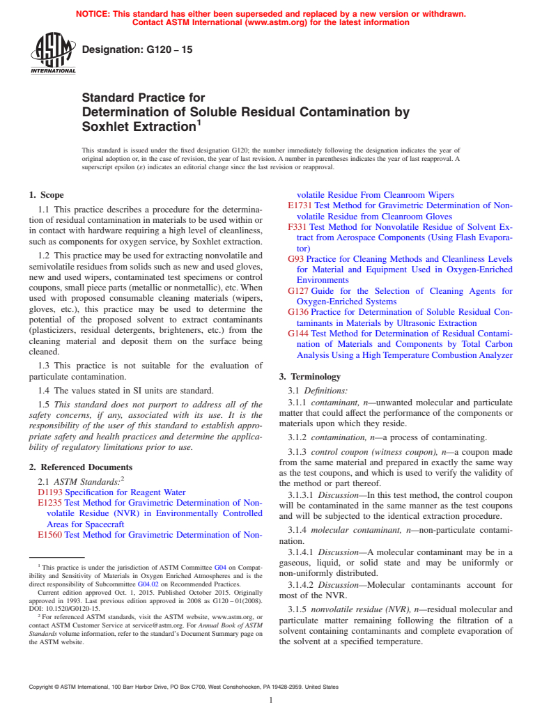 ASTM G120-15 - Standard Practice for  Determination of Soluble Residual Contamination by Soxhlet  Extraction