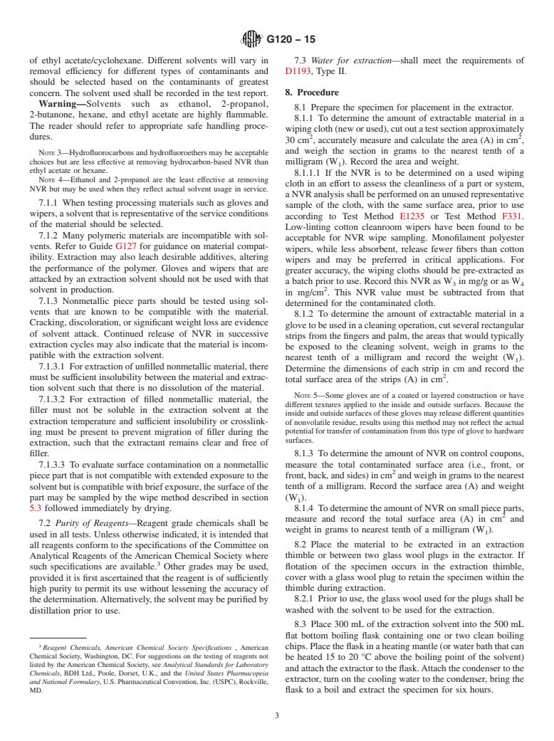 ASTM G120-15 - Standard Practice for  Determination of Soluble Residual Contamination by Soxhlet  Extraction