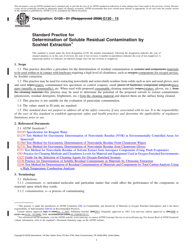 REDLINE ASTM G120-15 - Standard Practice for  Determination of Soluble Residual Contamination by Soxhlet  Extraction