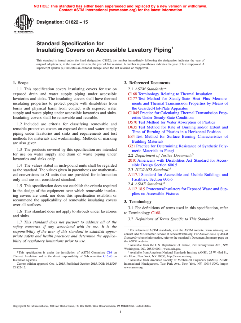 ASTM C1822-15 - Standard Specification for Insulating Covers on Accessible Lavatory Piping