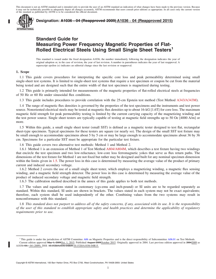 REDLINE ASTM A1036-04(2015) - Standard Guide for  Measuring Power Frequency Magnetic Properties of Flat-Rolled  Electrical Steels Using Small Single Sheet Testers