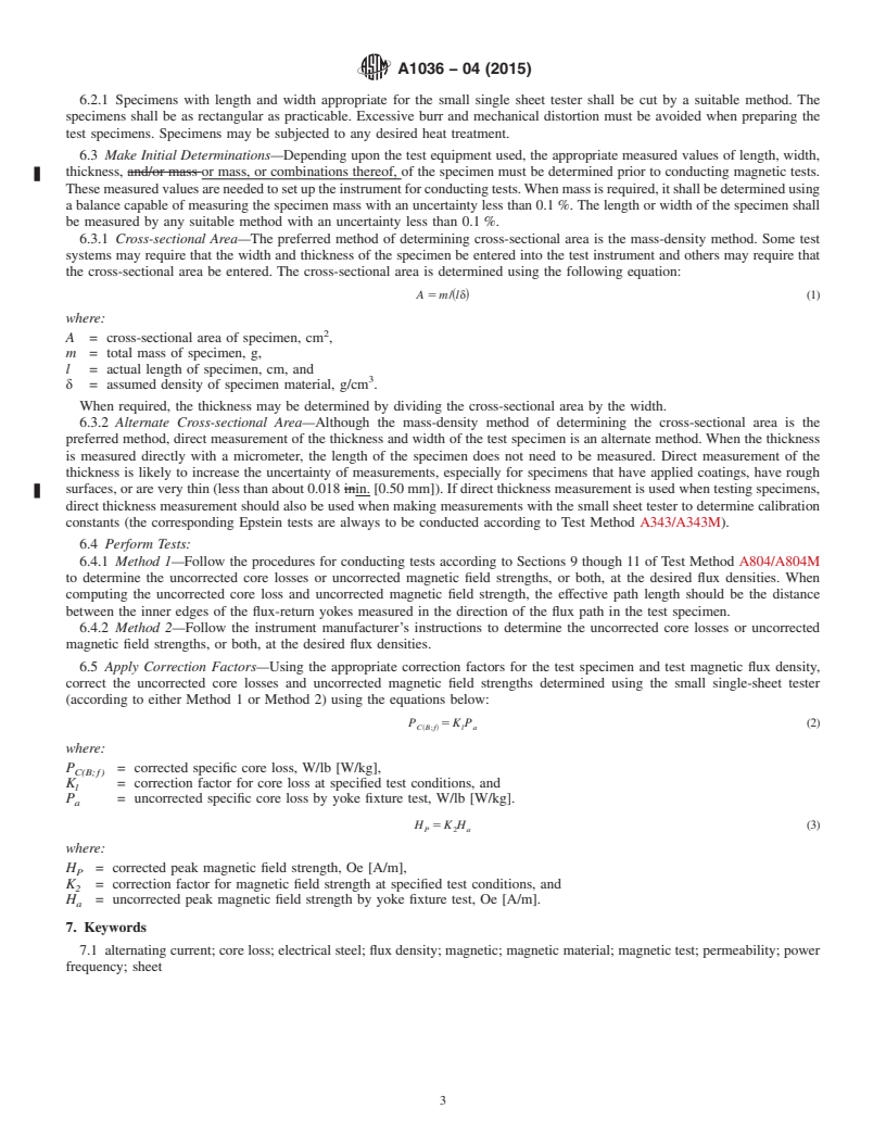 REDLINE ASTM A1036-04(2015) - Standard Guide for  Measuring Power Frequency Magnetic Properties of Flat-Rolled  Electrical Steels Using Small Single Sheet Testers