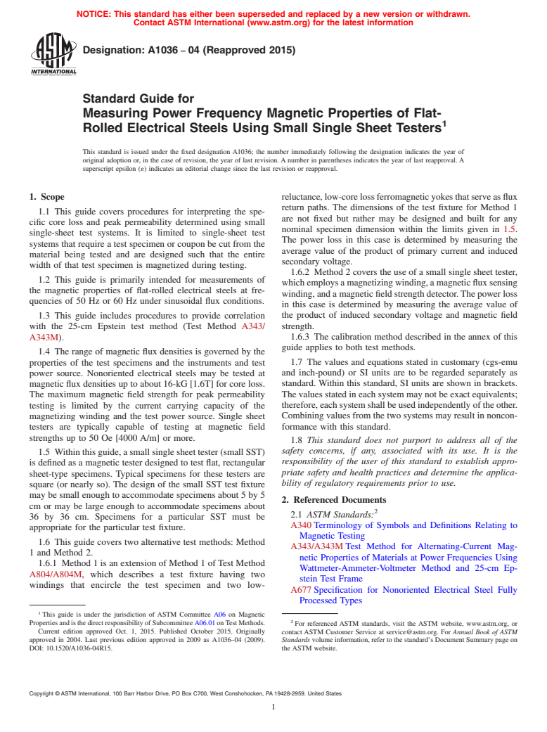 ASTM A1036-04(2015) - Standard Guide for  Measuring Power Frequency Magnetic Properties of Flat-Rolled  Electrical Steels Using Small Single Sheet Testers