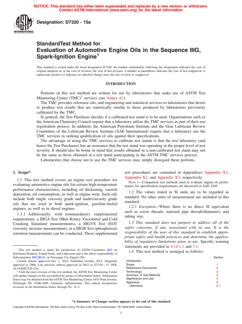 ASTM D7320-15a - Standard Test Method for Evaluation of Automotive Engine Oils in the Sequence IIIG,  Spark-Ignition Engine