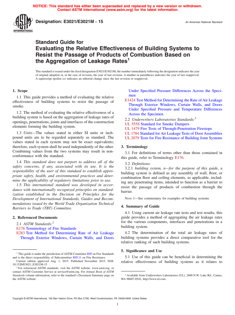 ASTM E3021/E3021M-15 - Standard Guide for Evaluating the Relative Effectiveness of Building Systems to  Resist the Passage of Products of Combustion Based on the Aggregation  of Leakage Rates