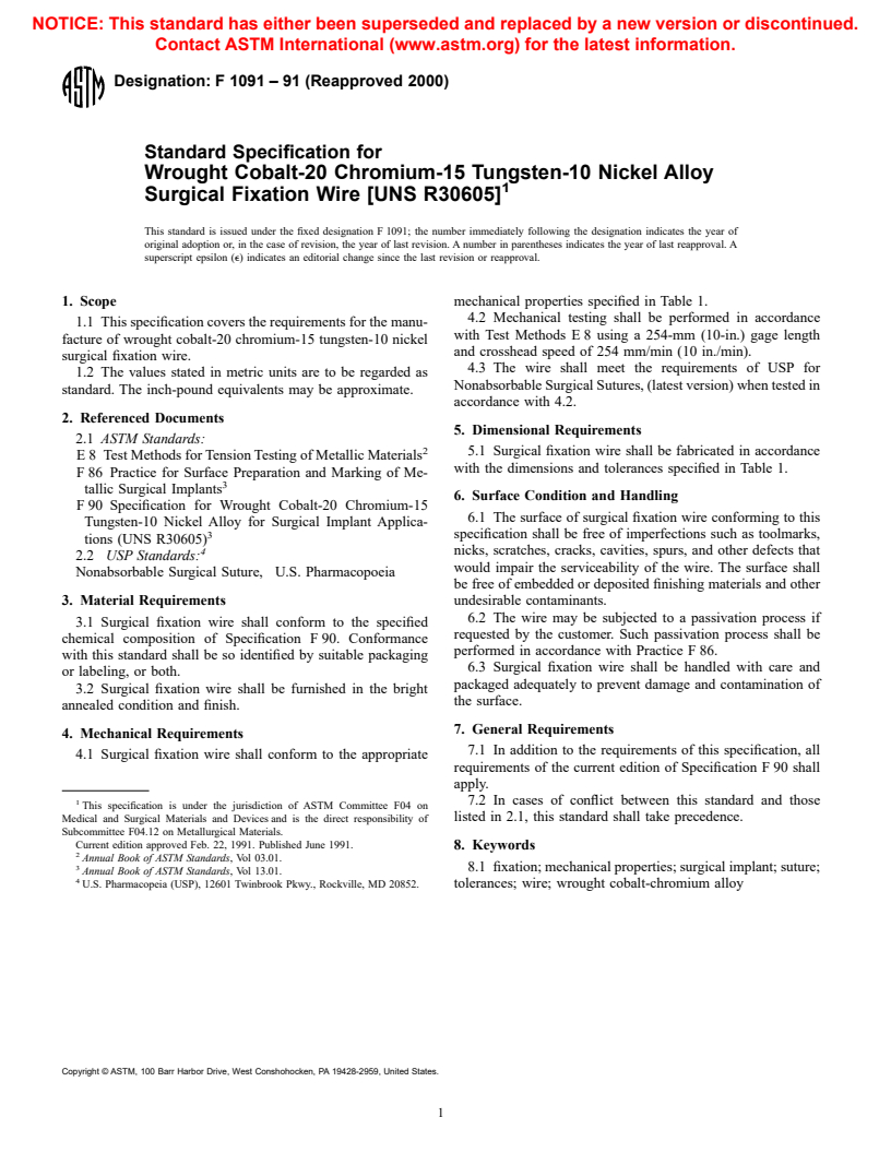 ASTM F1091-91(2000) - Standard Specification for Wrought Cobalt-20 Chromium-15 Tungsten-10 Nickel Alloy Surgical Fixation Wire (UNS R30605)