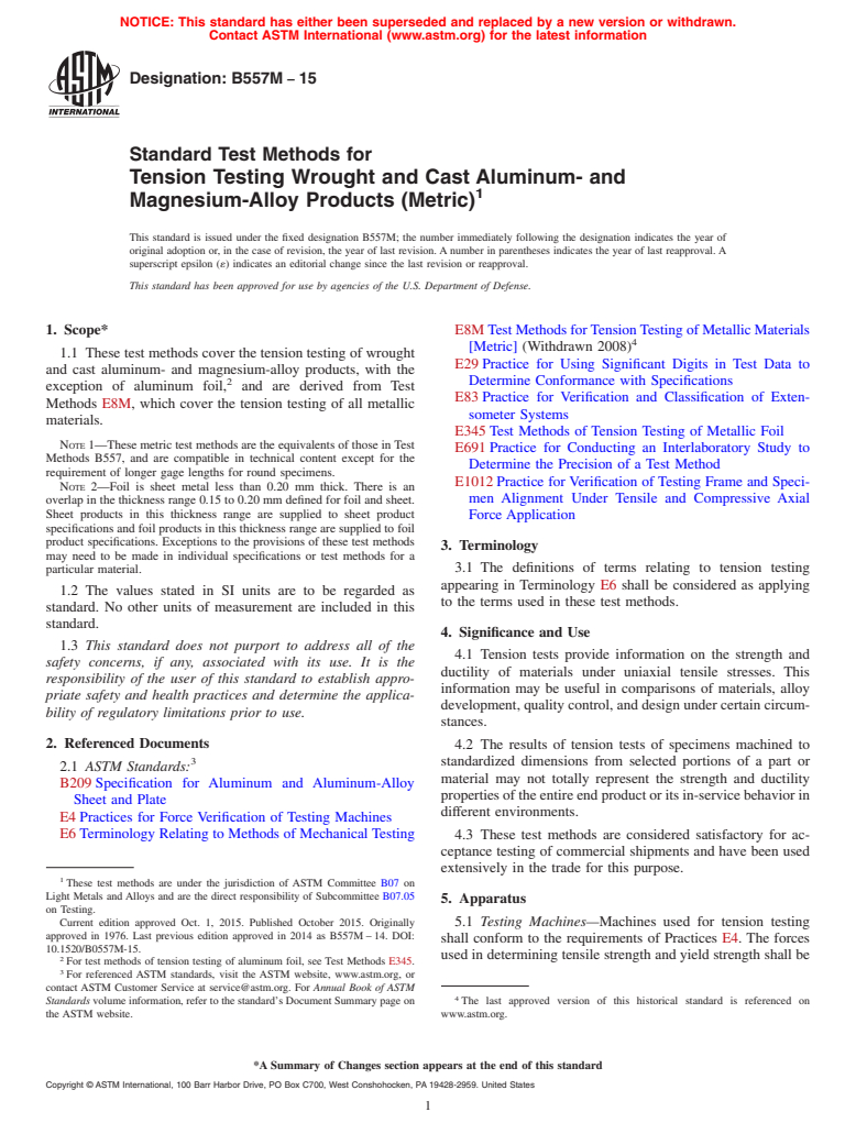 ASTM B557M-15 - Standard Test Methods for Tension Testing Wrought and Cast Aluminum- and Magnesium-Alloy  Products (Metric)