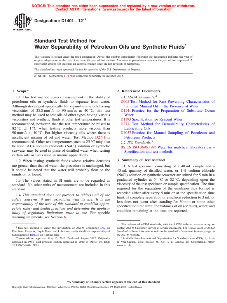 ASTM D1401-12e1 - Standard Test Method for  Water Separability of Petroleum Oils and Synthetic Fluids