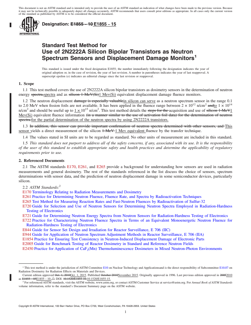 REDLINE ASTM E1855-15 - Standard Test Method for  Use of 2N2222A Silicon Bipolar Transistors as Neutron Spectrum  Sensors and Displacement Damage Monitors