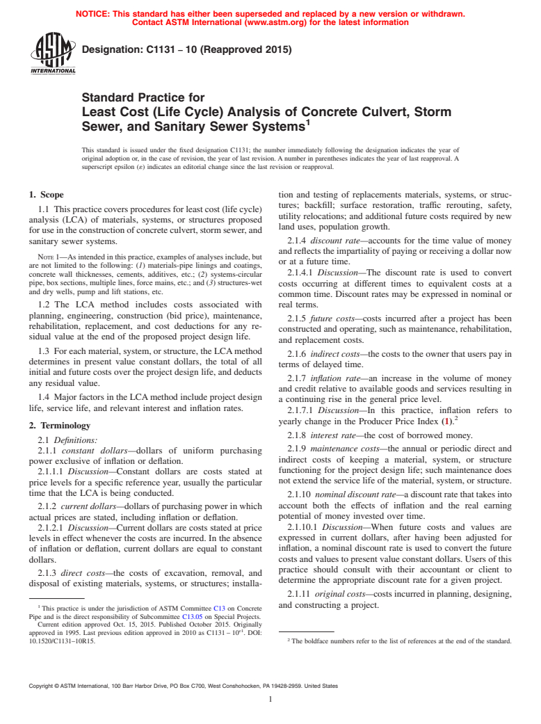 ASTM C1131-10(2015) - Standard Practice for  Least Cost (Life Cycle) Analysis of Concrete Culvert, Storm   Sewer, and Sanitary Sewer Systems