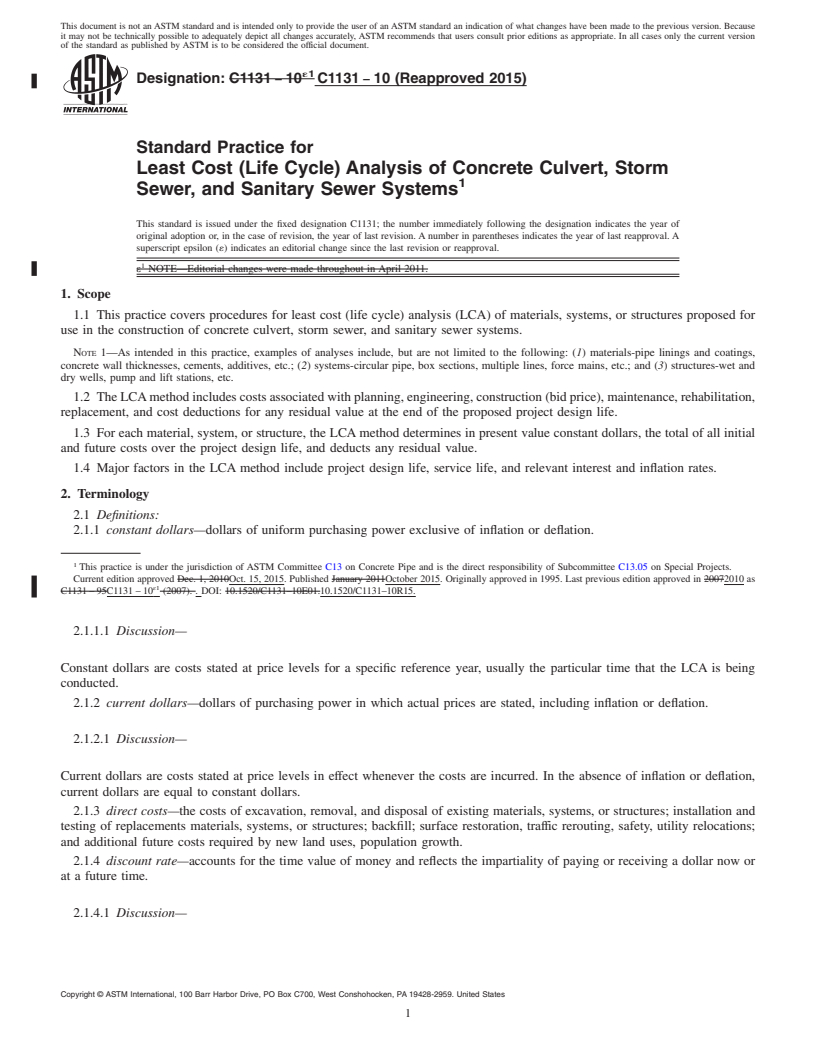 REDLINE ASTM C1131-10(2015) - Standard Practice for  Least Cost (Life Cycle) Analysis of Concrete Culvert, Storm   Sewer, and Sanitary Sewer Systems