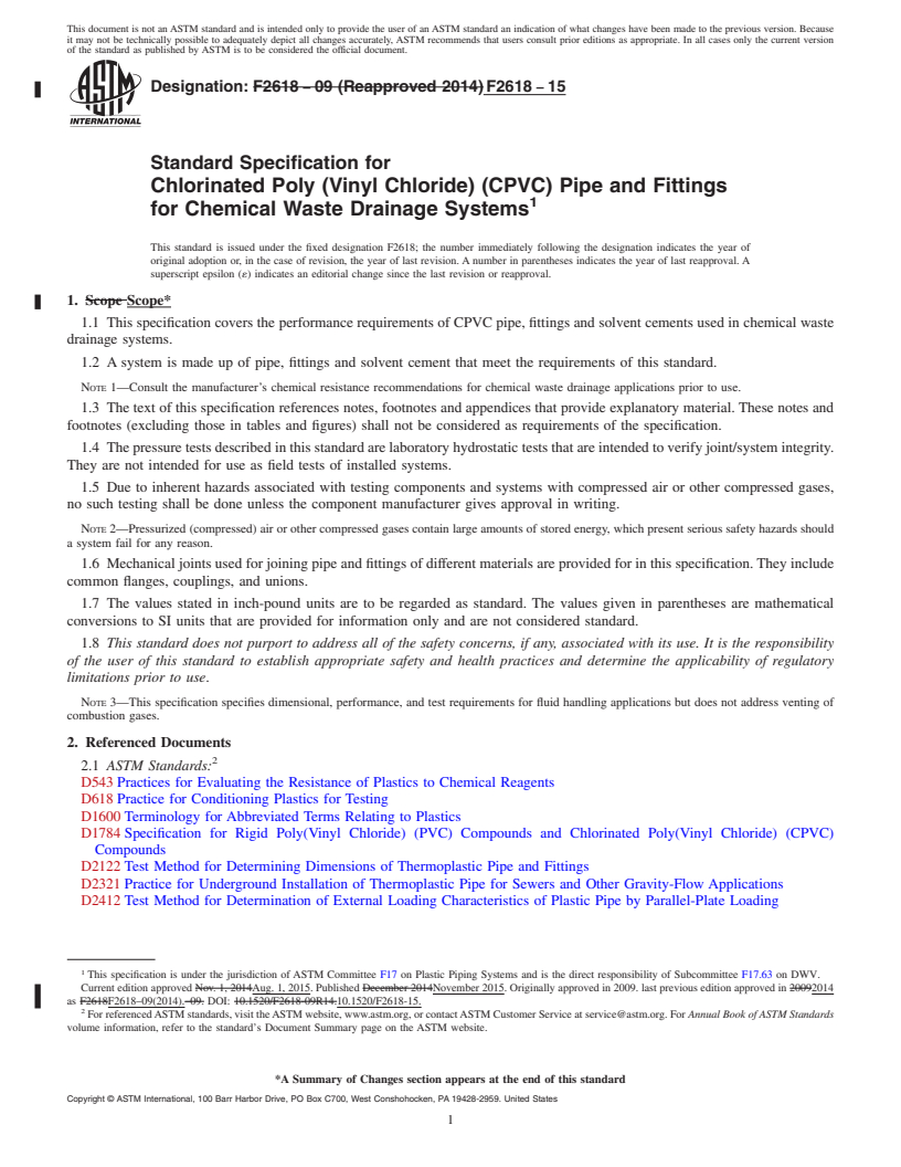 REDLINE ASTM F2618-15 - Standard Specification for  Chlorinated Poly (Vinyl Chloride) (CPVC) Pipe and Fittings   for Chemical Waste Drainage Systems