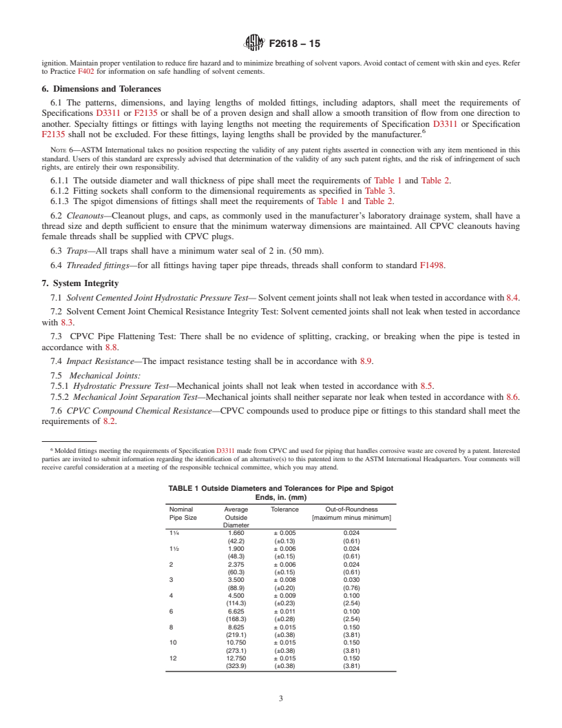 REDLINE ASTM F2618-15 - Standard Specification for  Chlorinated Poly (Vinyl Chloride) (CPVC) Pipe and Fittings   for Chemical Waste Drainage Systems