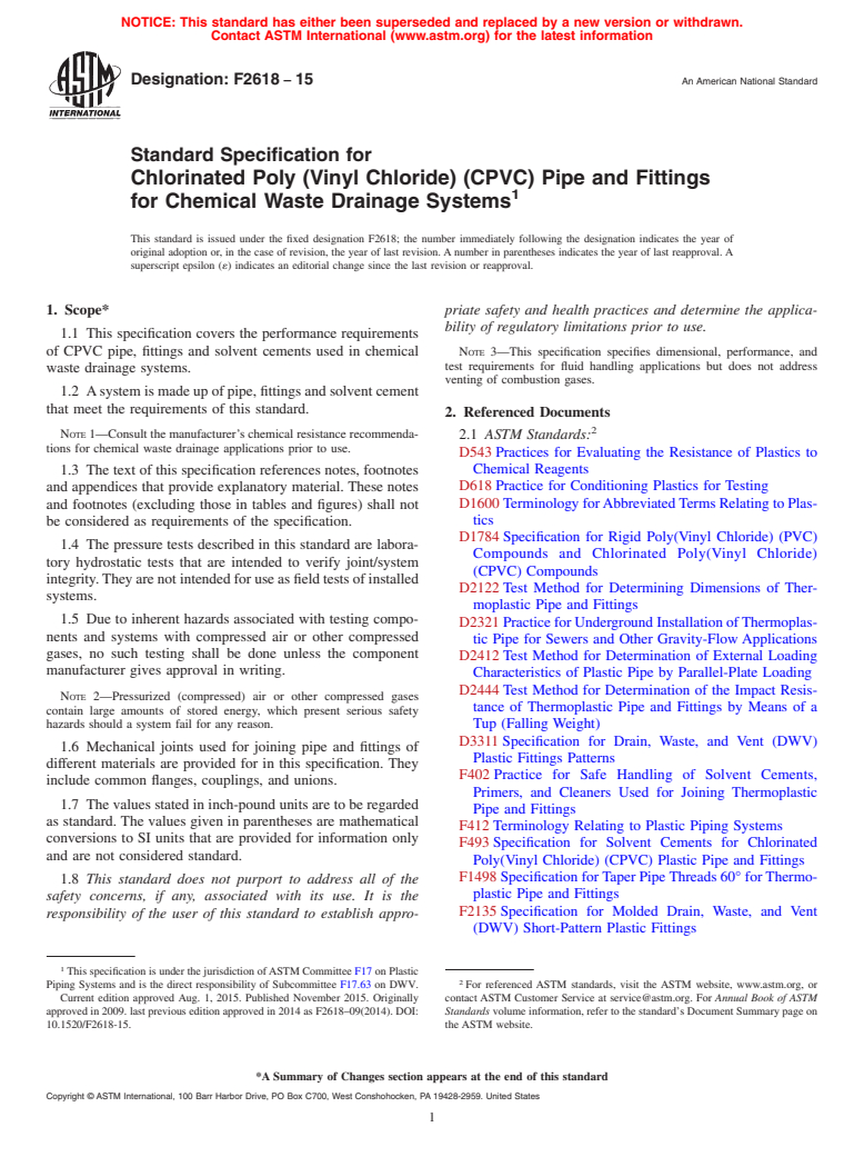 ASTM F2618-15 - Standard Specification for  Chlorinated Poly (Vinyl Chloride) (CPVC) Pipe and Fittings   for Chemical Waste Drainage Systems