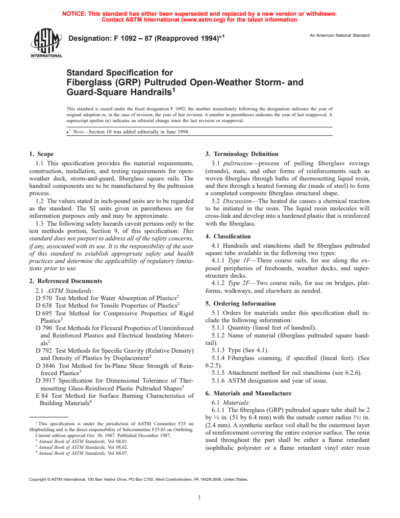 ASTM F1092-87(1994)e1 - Standard Specification for Fiberglass (GRP) Pultruded Open-Weather Storm- and Guard-Square Handrails