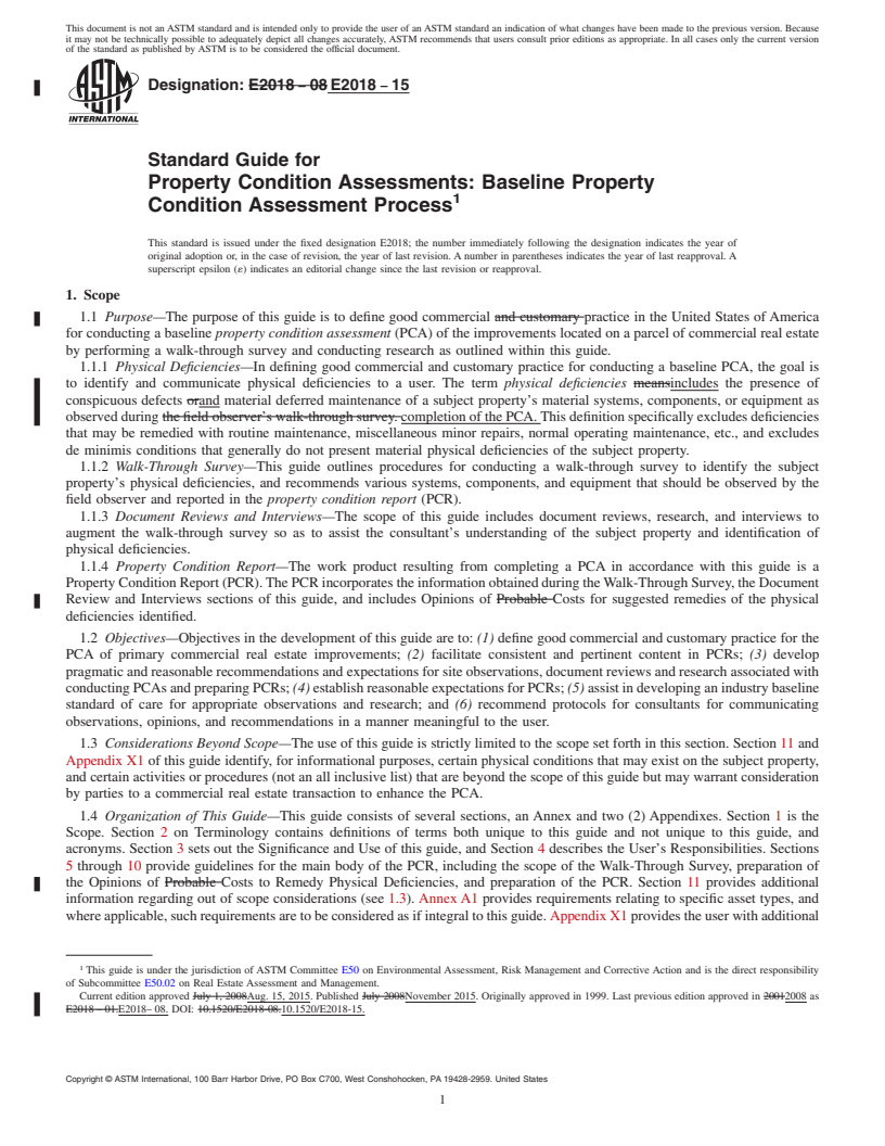 REDLINE ASTM E2018-15 - Standard Guide for  Property Condition Assessments: Baseline Property Condition  Assessment Process