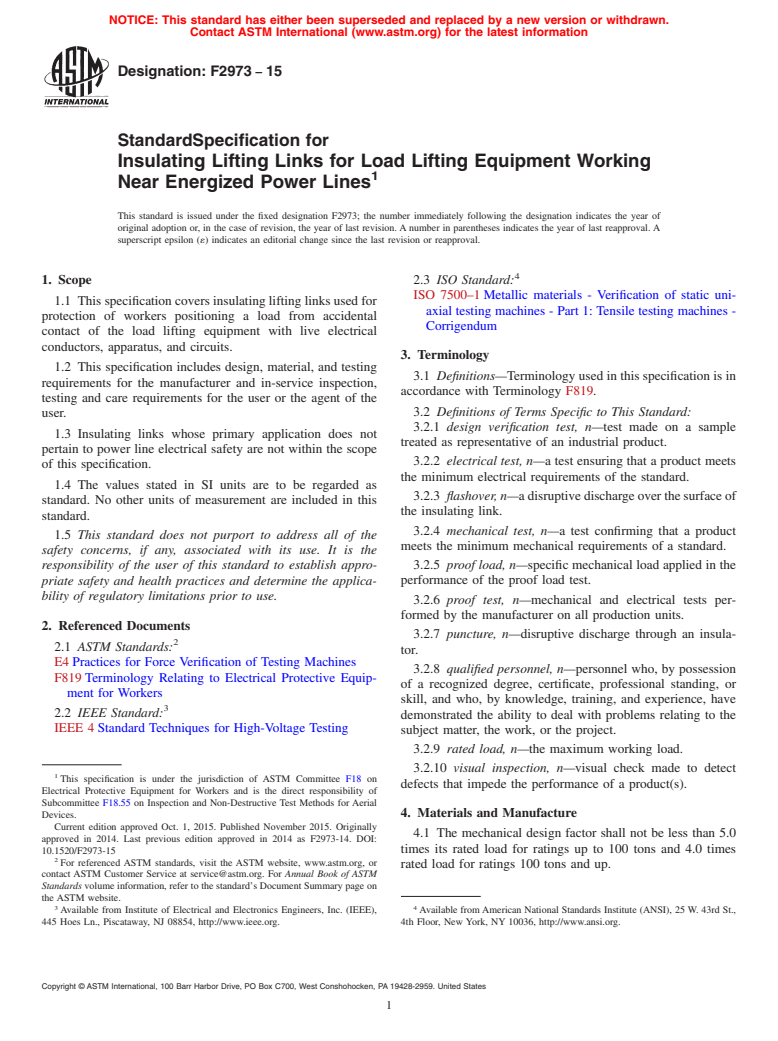 ASTM F2973-15 - Standard Specification for Insulating Lifting Links for Load Lifting Equipment Working  Near Energized Power Lines