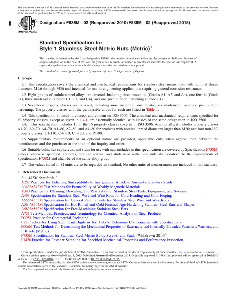 REDLINE ASTM F836M-02(2015) - Standard Specification for  Style 1 Stainless Steel Metric Nuts (Metric)