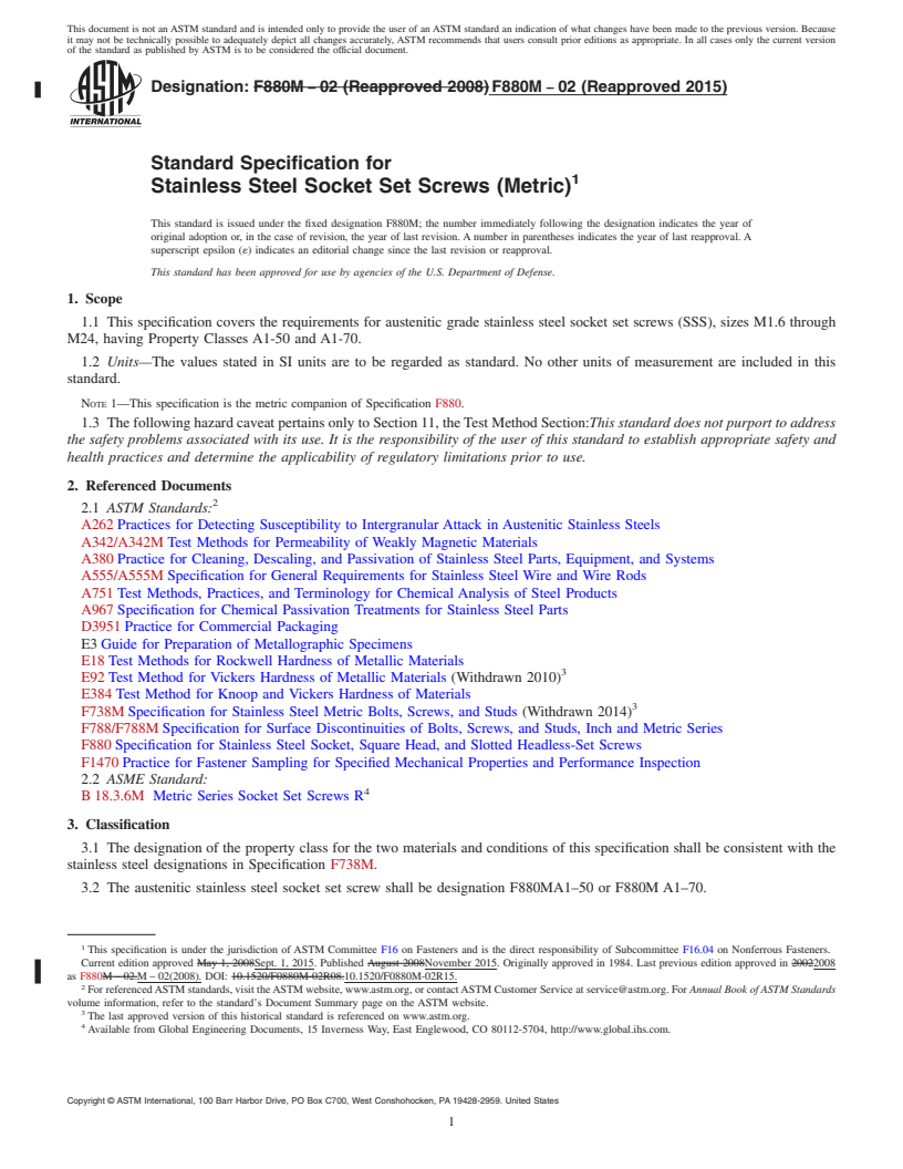 REDLINE ASTM F880M-02(2015) - Standard Specification for  Stainless Steel Socket Set Screws (Metric)