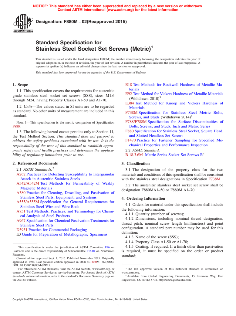 ASTM F880M-02(2015) - Standard Specification for  Stainless Steel Socket Set Screws (Metric)