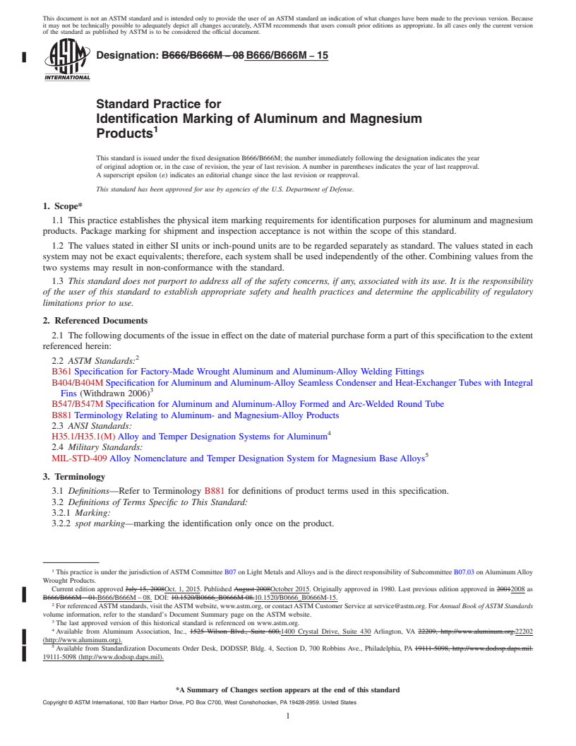 REDLINE ASTM B666/B666M-15 - Standard Practice for  Identification Marking of Aluminum and Magnesium Products