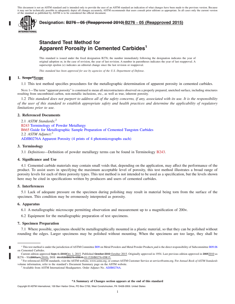 REDLINE ASTM B276-05(2015) - Standard Test Method for  Apparent Porosity in Cemented Carbides