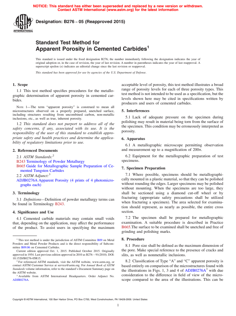 ASTM B276-05(2015) - Standard Test Method for  Apparent Porosity in Cemented Carbides