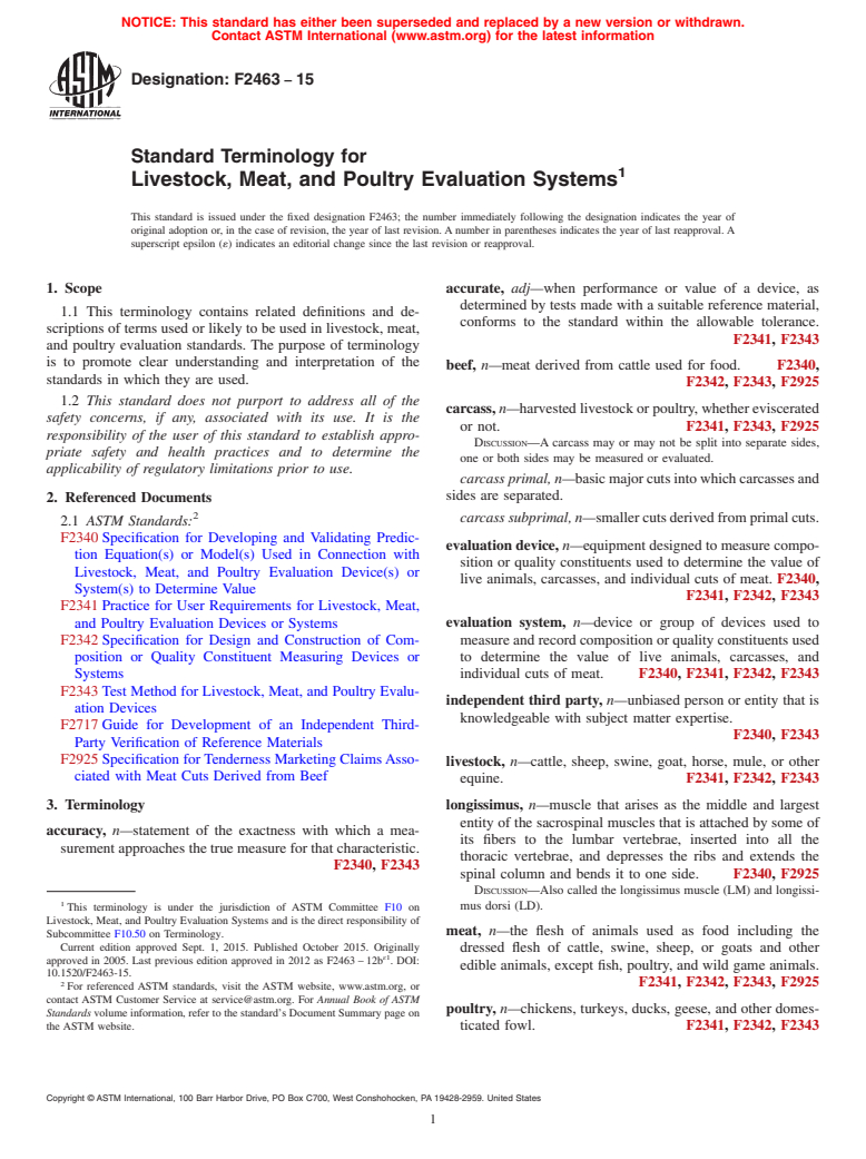 ASTM F2463-15 - Standard Terminology for  Livestock, Meat, and Poultry Evaluation Systems