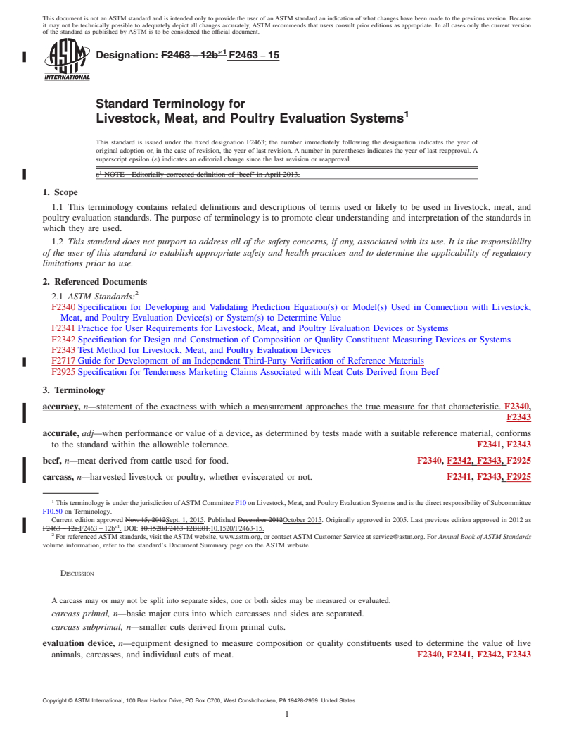 REDLINE ASTM F2463-15 - Standard Terminology for  Livestock, Meat, and Poultry Evaluation Systems