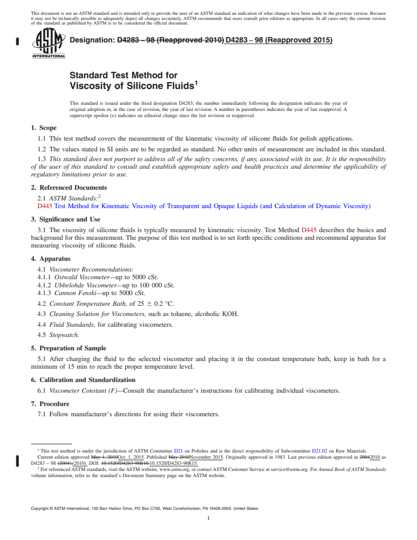 REDLINE ASTM D4283-98(2015) - Standard Test Method for  Viscosity of Silicone Fluids