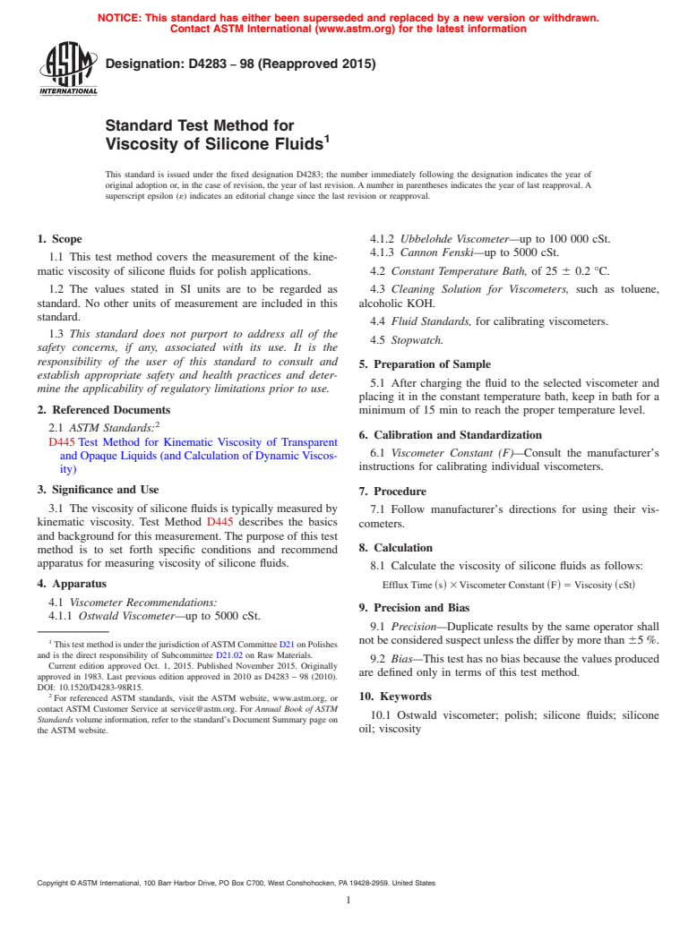 ASTM D4283-98(2015) - Standard Test Method for  Viscosity of Silicone Fluids