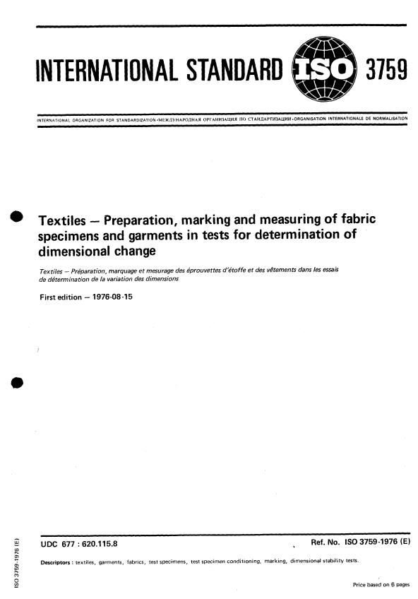 ISO 3759:1976 - Textiles -- Preparation, marking and measuring of fabric specimens and garments in tests for determination of dimensional change