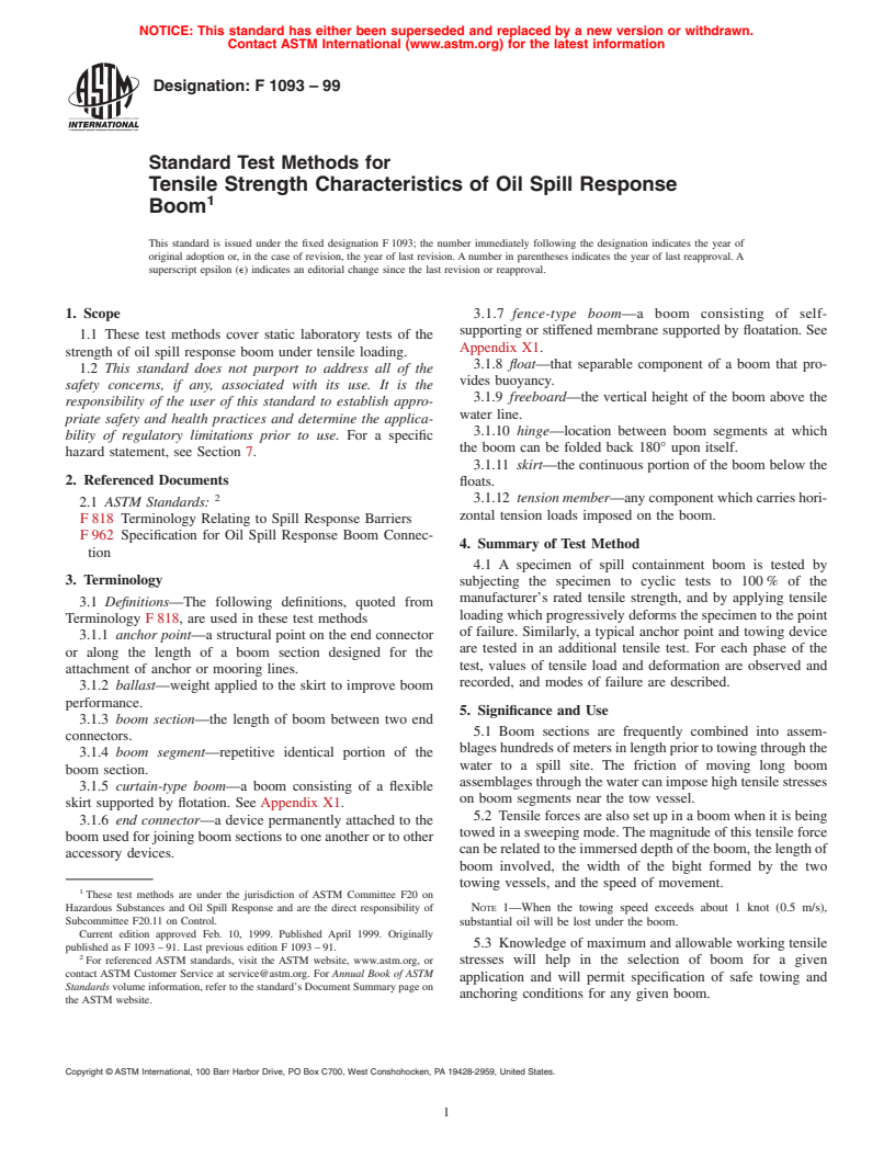 ASTM F1093-99 - Standard Test Methods for Tensile Strength Characteristics of Oil Spill Response Boom