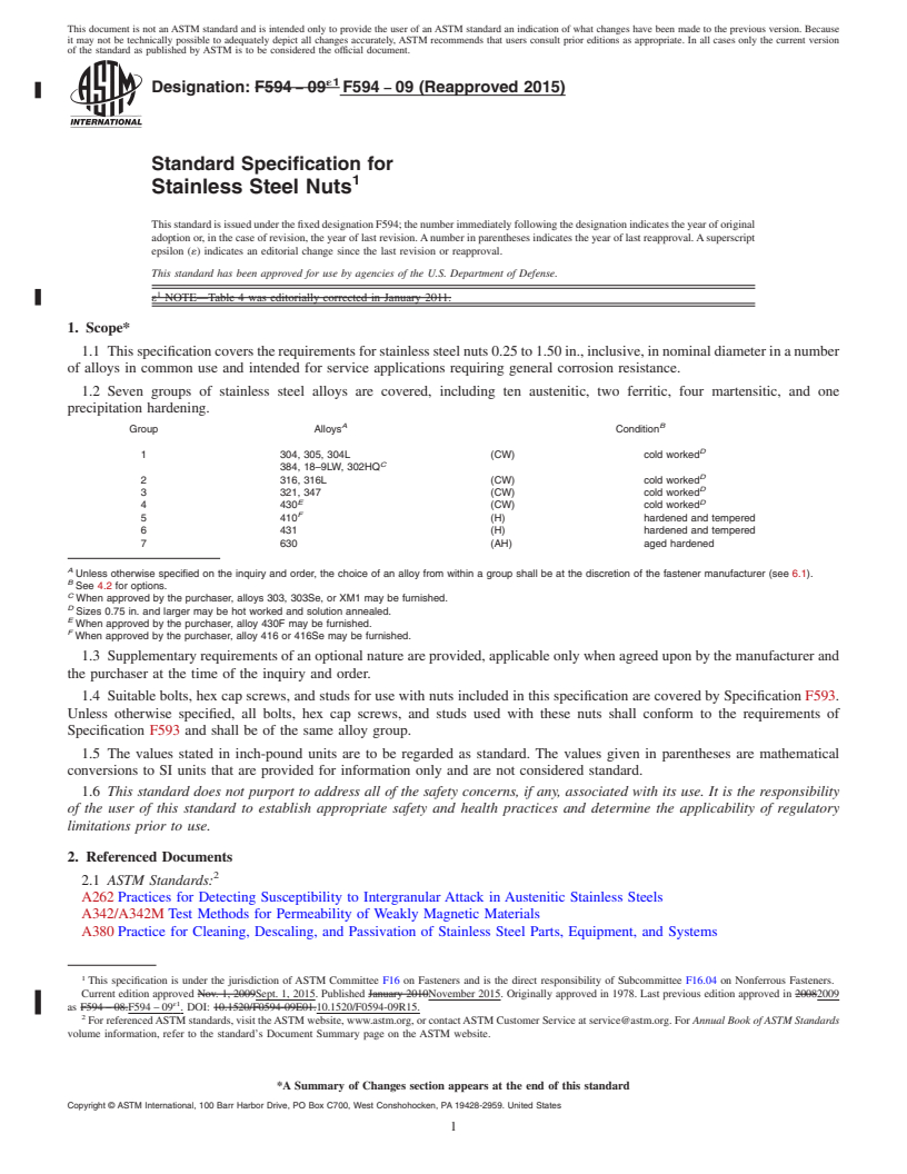 REDLINE ASTM F594-09(2015) - Standard Specification for  Stainless Steel Nuts