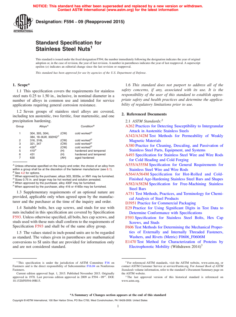 ASTM F594-09(2015) - Standard Specification for  Stainless Steel Nuts