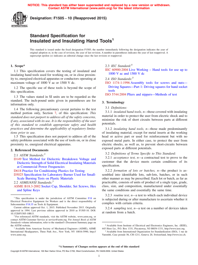 ASTM F1505-10(2015) - Standard Specification for  Insulated and Insulating Hand Tools